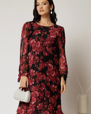 Rochie scurta neagra cu imprimeu grena din voal cu croi drept