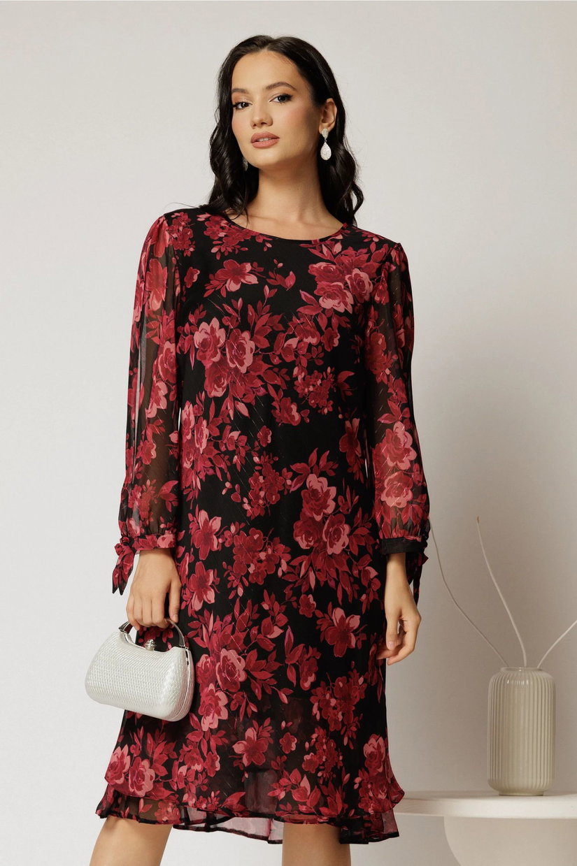 Rochie scurta neagra cu imprimeu grena din voal cu croi drept