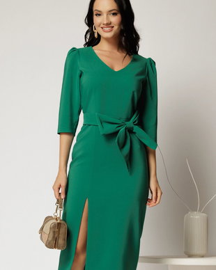 Rochie midi verde conica cu slit si funda ampla detasabila pe talie