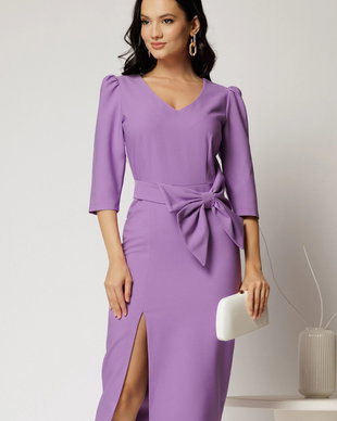 Rochie midi lila conica cu slit si funda ampla detasabila pe talie