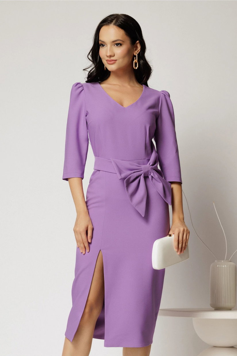 Rochie midi lila conica cu slit si funda ampla detasabila pe talie