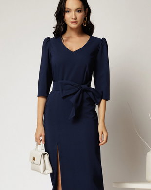 Rochie midi bleumarin conica cu slit si funda ampla detasabila pe talie