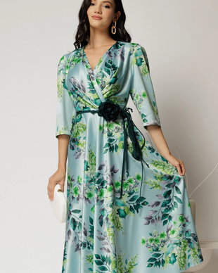 Rochie midi bleu cu imprimeu floral si cordon in contrast