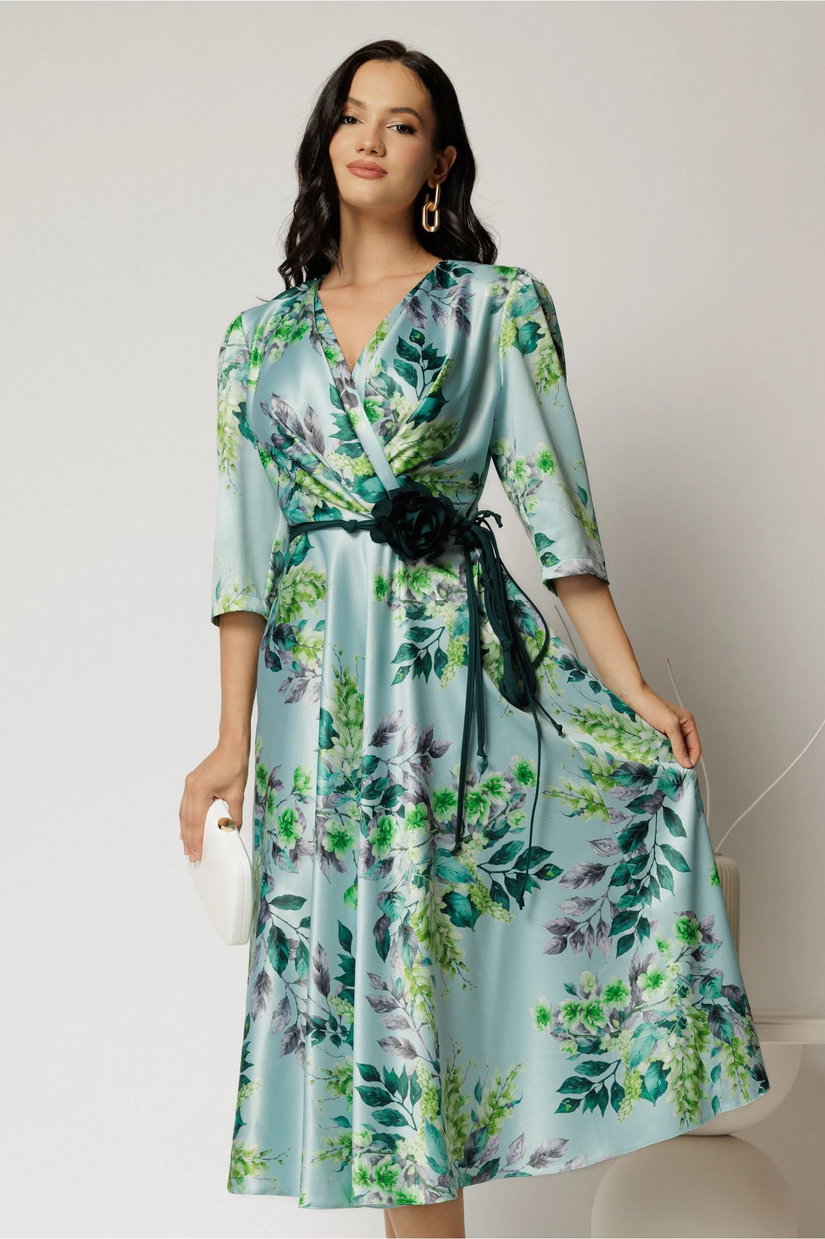 Rochie midi bleu cu imprimeu floral si cordon in contrast