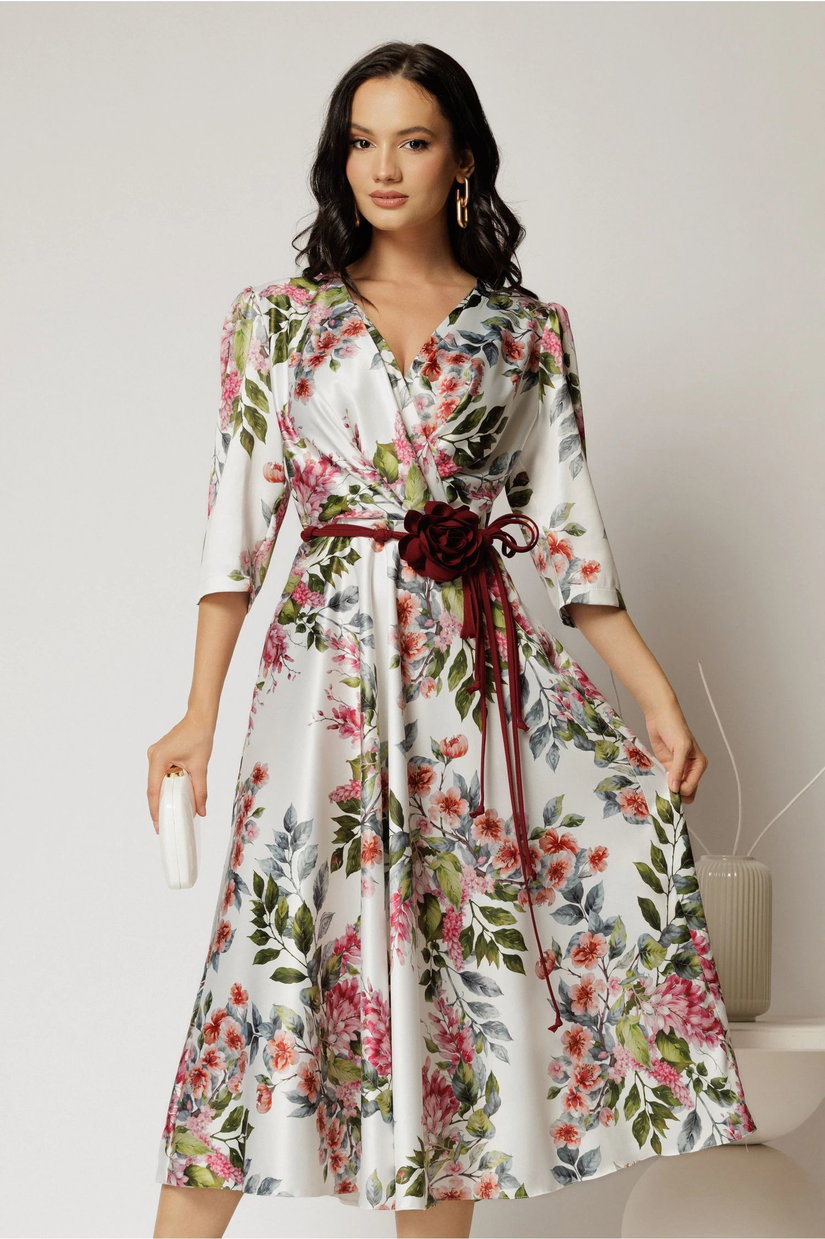 Rochie midi ivoar cu imprimeu floral si cordon in contrast