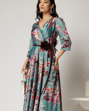 Rochie midi turcoaz cu imprimeu floral si cordon in contrast