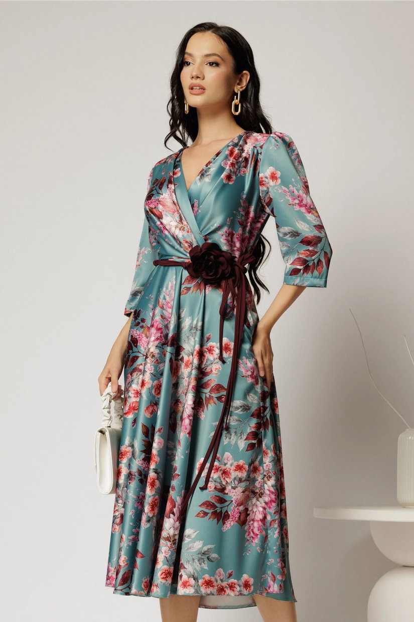 Rochie midi turcoaz cu imprimeu floral si cordon in contrast