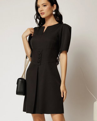 Rochie scurta neagra cu pliu pe fusta si nasturi