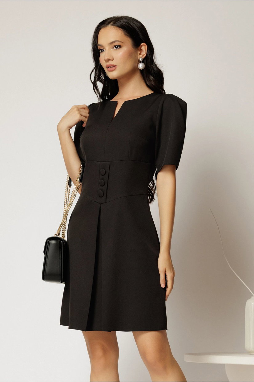 Rochie scurta neagra cu pliu pe fusta si nasturi