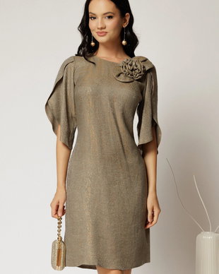 Rochie scurta kaki cu fir lurex cu croi drept si maneci tip lalea
