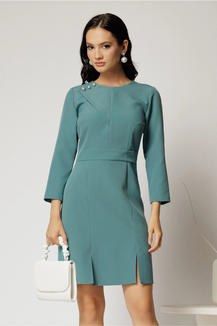 Rochie albastru marin scurta cu nasturi decorativi perlati