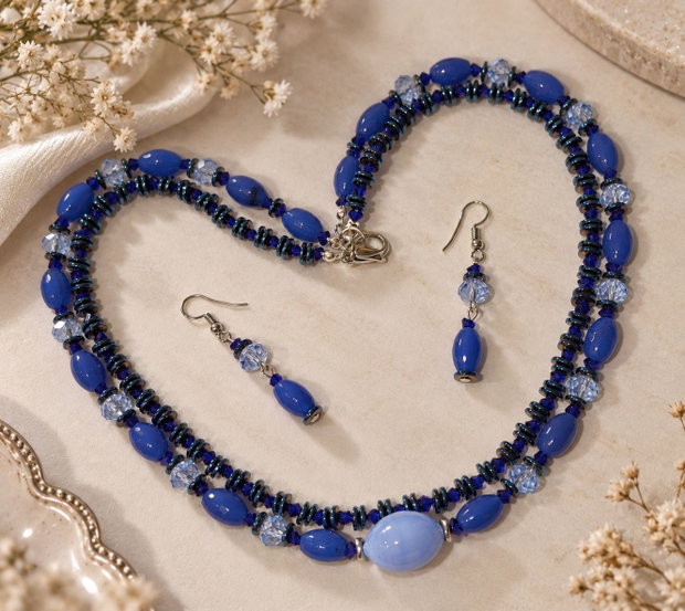 Set colier și cercei din agate fațetate,hematit electroplacat,cristale sticla și inox~BLUE OBSESSION~