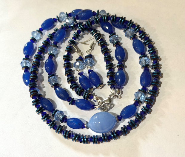 Set colier și cercei din agate fațetate,hematit electroplacat,cristale sticla și inox~BLUE OBSESSION~