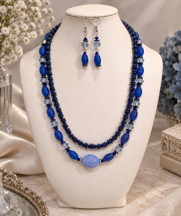 Set colier și cercei din agate fațetate,hematit electroplacat,cristale sticla și inox~BLUE OBSESSION~