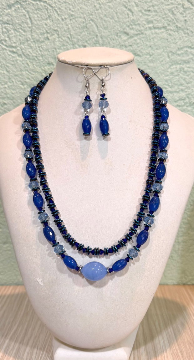 Set colier și cercei din agate fațetate,hematit electroplacat,cristale sticla și inox~BLUE OBSESSION~
