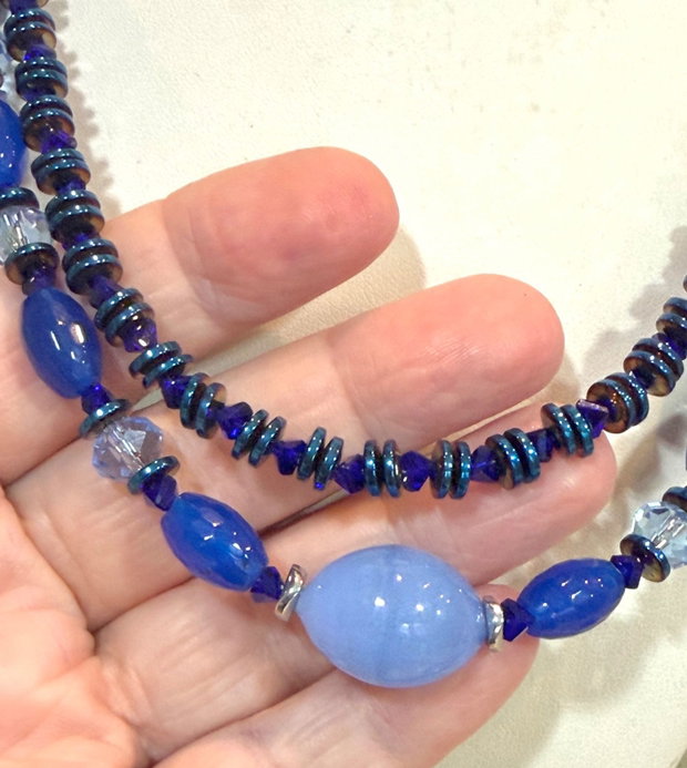 Set colier și cercei din agate fațetate,hematit electroplacat,cristale sticla și inox~BLUE OBSESSION~