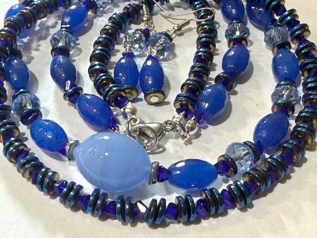 Set colier și cercei din agate fațetate,hematit electroplacat,cristale sticla și inox~BLUE OBSESSION~