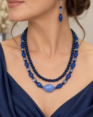 Set colier și cercei din agate fațetate,hematit electroplacat,cristale sticla și inox~BLUE OBSESSION~