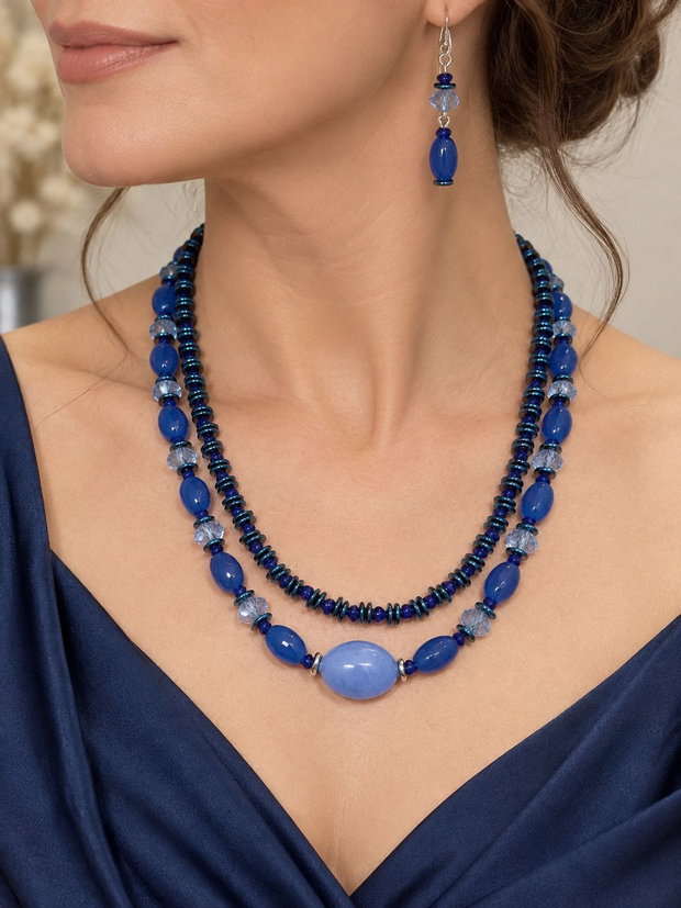 Set colier și cercei din agate fațetate,hematit electroplacat,cristale sticla și inox~BLUE OBSESSION~