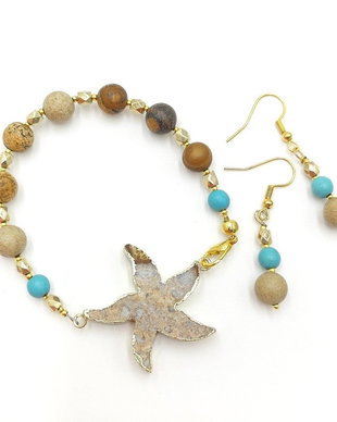 Set handmade unicat, bratara si cercei cu agat fosil si jasp, 4705
