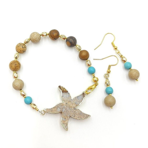 Set handmade unicat, bratara si cercei cu agat fosil si jasp, 4705