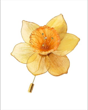 Broșă narcisă handmade cu petale translucide și reflexe aurii, floare statement elegantă