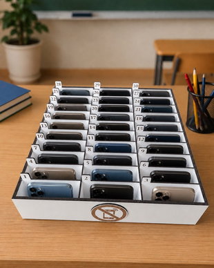 Organizator Telefoane 30 Compartimente din Lemn  Suport Telefon pentru Profesori și Elevi, Organizator pentru Sala de Clasă, Alb