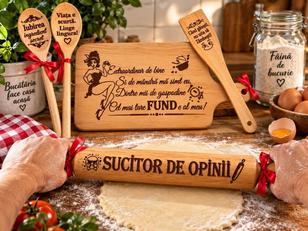 Set cadou amuzant pentru bucătărie, din lemn gravat, mesaje haioase, cadou pentru femei, familie si prieteni  Gospodina