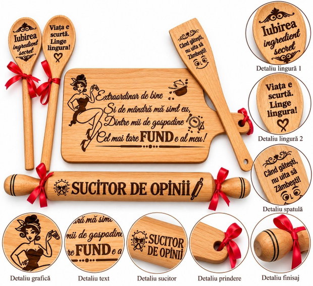 Set cadou amuzant pentru bucătărie, din lemn gravat, mesaje haioase, cadou pentru femei, familie si prieteni  Gospodina