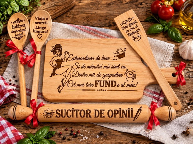 Set cadou amuzant pentru bucătărie, din lemn gravat, mesaje haioase, cadou pentru femei, familie si prieteni  Gospodina