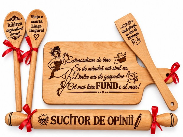 Set cadou amuzant pentru bucătărie, din lemn gravat, mesaje haioase, cadou pentru femei, familie si prieteni  Gospodina