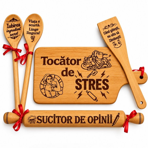 Set cadou amuzant pentru bucătărie, din lemn gravat, mesaje haioase, cadou pentru femei, familie si prieteni  Tocator de Stres