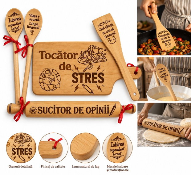 Set cadou amuzant pentru bucătărie, din lemn gravat, mesaje haioase, cadou pentru femei, familie si prieteni  Tocator de Stres