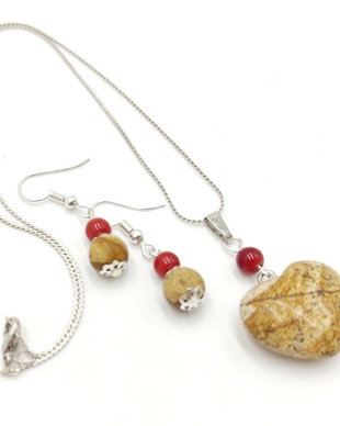 Set handmade cu jasp natural si coral rosu, 4707