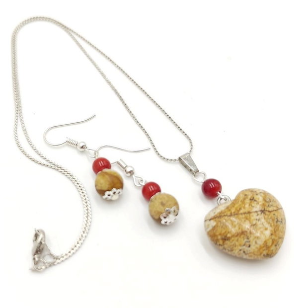 Set handmade cu jasp natural si coral rosu, 4707