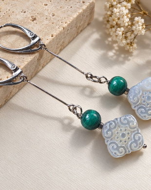 Cercei malachit natural si sidef, cu accesorii de argint 925