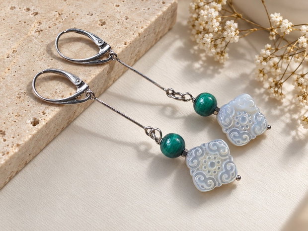 Cercei malachit natural si sidef, cu accesorii de argint 925