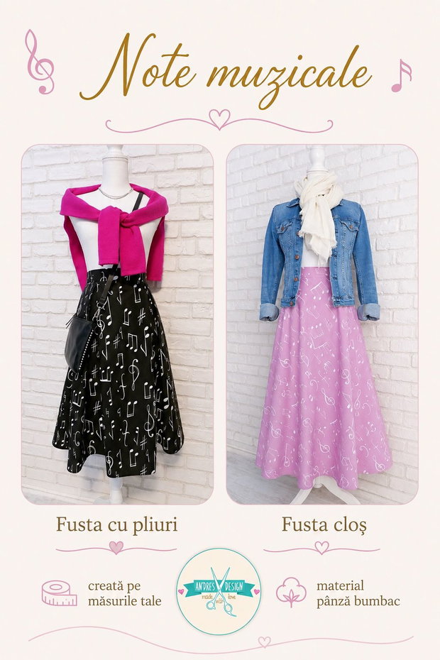 Fusta cu Pliuri Neagra cu Note Muzicale