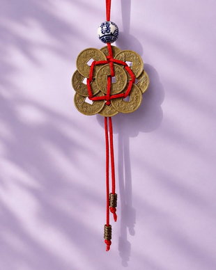 Talisman Feng Shui cu 9 monede chinezesti si margea ceramica