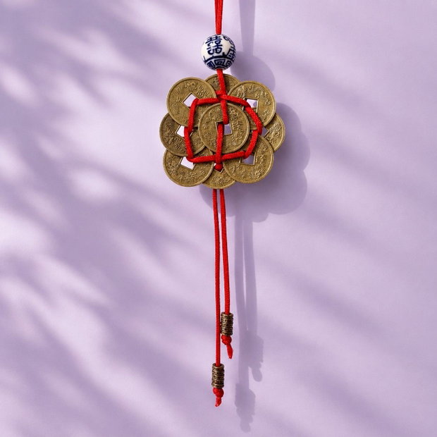 Talisman Feng Shui cu 9 monede chinezesti si margea ceramica