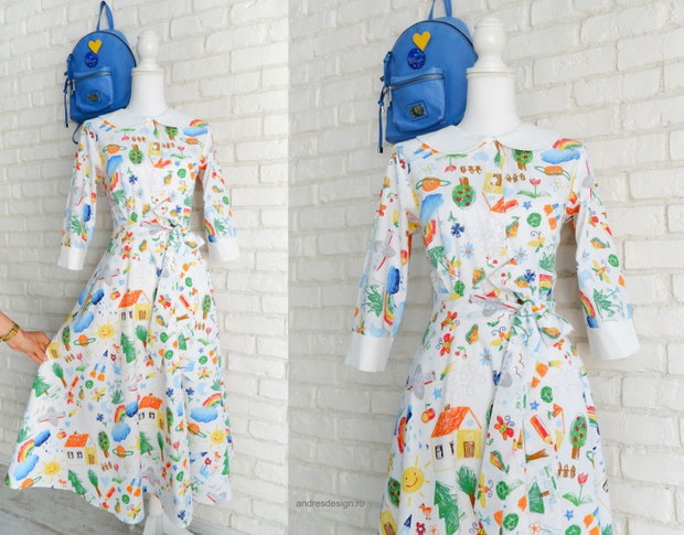 Rochie Camasa Desene Copii si Guler Mare Rotund