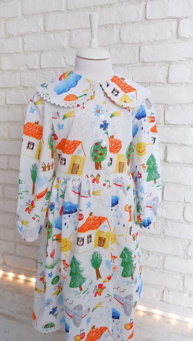 Rochie Camasa Desene Copii si Guler Mare Rotund