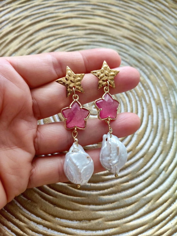 Cercei Perle Baroc albe & stelute agate roz