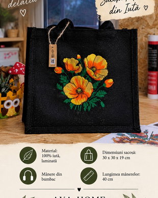 Sacoșă medie din iută neagră, brodată cu maci  30×30×19 cm | AYA HOME