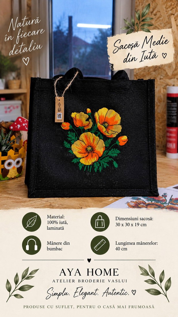Sacoșă medie din iută neagră, brodată cu maci 30×30×19 cm | AYA HOME