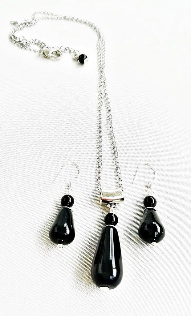 set cercei argint 925 si pandant cu onix negru lacrima