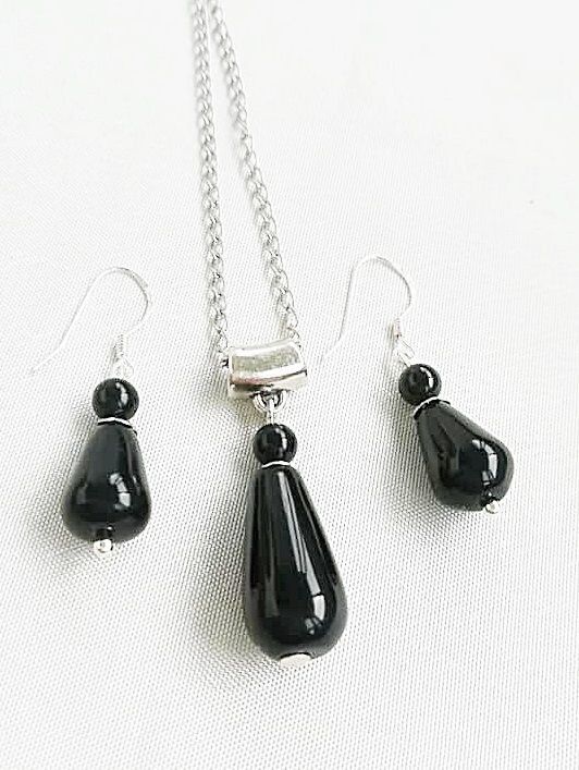 set cercei argint 925 si pandant cu onix negru lacrima