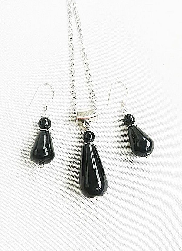 set cercei argint 925 si pandant cu onix negru lacrima