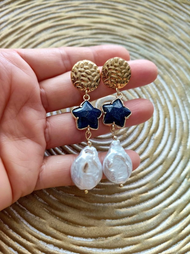 Cercei Perle Baroc albe & stelute lapis lazuli