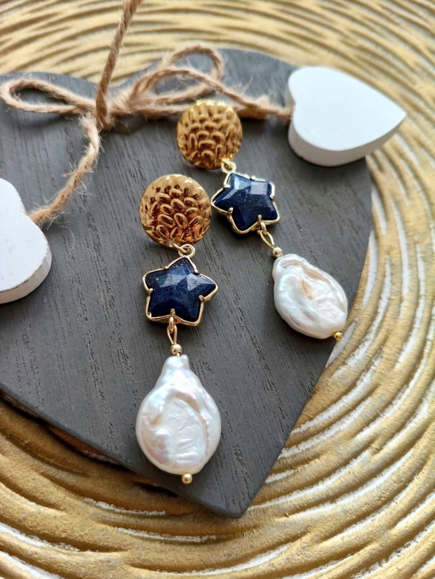 Cercei Perle Baroc albe & stelute lapis lazuli
